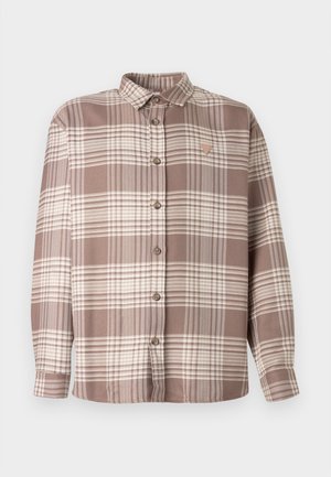 Brown and beige plaid shirt, long sleeves, button-up front, collar, features a small triangular logo on the left side. Soft fabric texture.