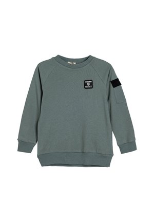 Zielony bawełniany sweatshirt z prążkowanym dekoltem, długimi rękawami raglanowymi oraz czarną naszywką z logo na przodzie i rękawie. Miękka tekstura.