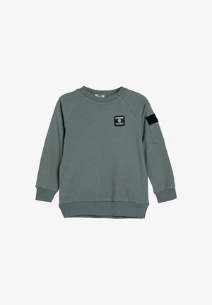 Groene katoenen sweatshirt met een ribbelhalslijn, lange raglanmouwen en een zwart logopatch op de voorkant en de mouw. Zachte textuur.