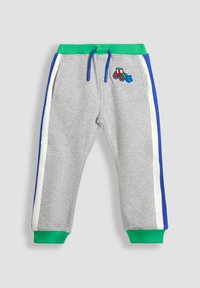 Graue Sweatpants mit grünem Bund und Bündchen, blauen seitlichen Streifen und einer Traktor-Stickerei auf der Vorderseite. Weicher Stoff mit Stretch.