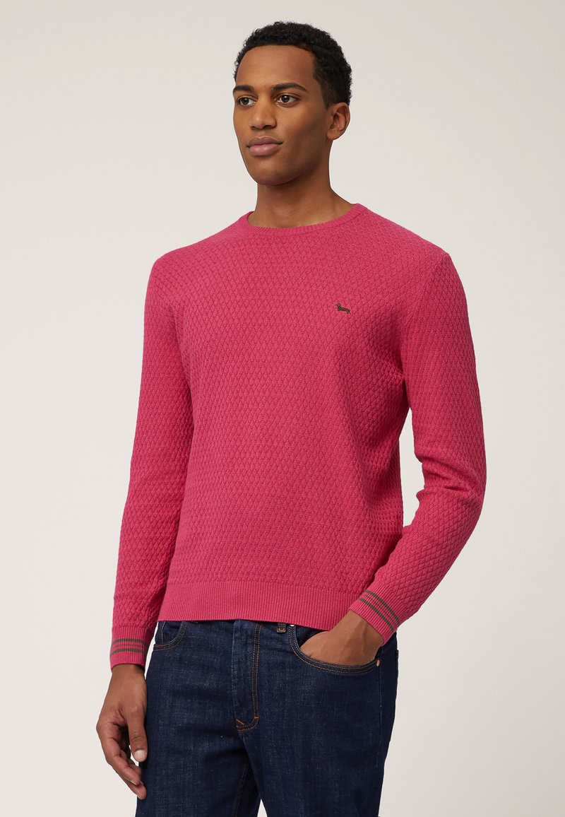 Maglione lavorato a maglia rosa con un motivo testurizzato, scollo rotondo e polsini a coste con strisce grigie e verdi. Piccolo logo sul petto.
