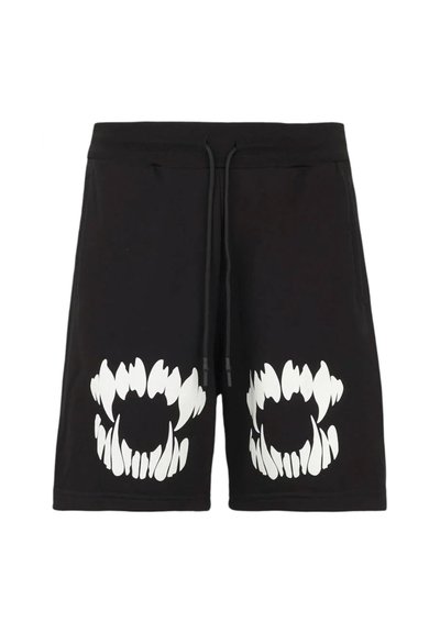 Shorts neri in cotone con vita elasticizzata e coulisse, caratterizzati da stampe grafiche bianche a forma di denti sul davanti e tessuto liscio e testurizzato.