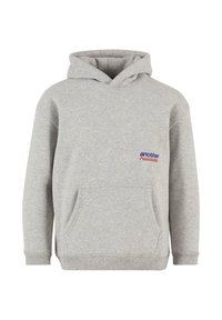 Felpa grigia con cappuccio, tasca frontale, polsini e orlo a costine, caratterizzata da un piccolo logo "another" in blu e rosso sul petto.