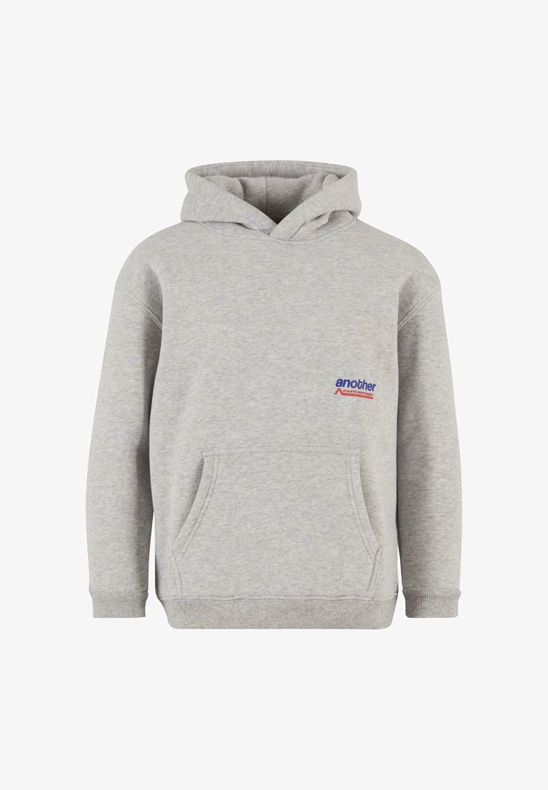 Gray hooded sweatshirt with a front pocket, ribbed cuffs and hem, featuring a small "another" logo in blue and red on the chest.