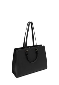 Black leather tote bag with dual shoulder straps, rectangular shape, textured surface, gold-tone hardware, and zip closure.