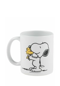 Tazza in ceramica bianca con disegni a linea nera di un cane e un uccello, con il cane che tiene l'uccello. Design semplice senza ulteriori motivi.