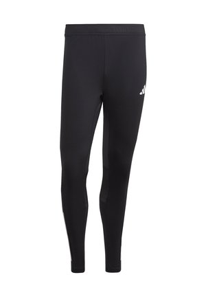 Zwarte sportleggings van rekbare stof met een gladde textuur, een elastische tailleband en zijpanelen van mesh voor ventilatie.