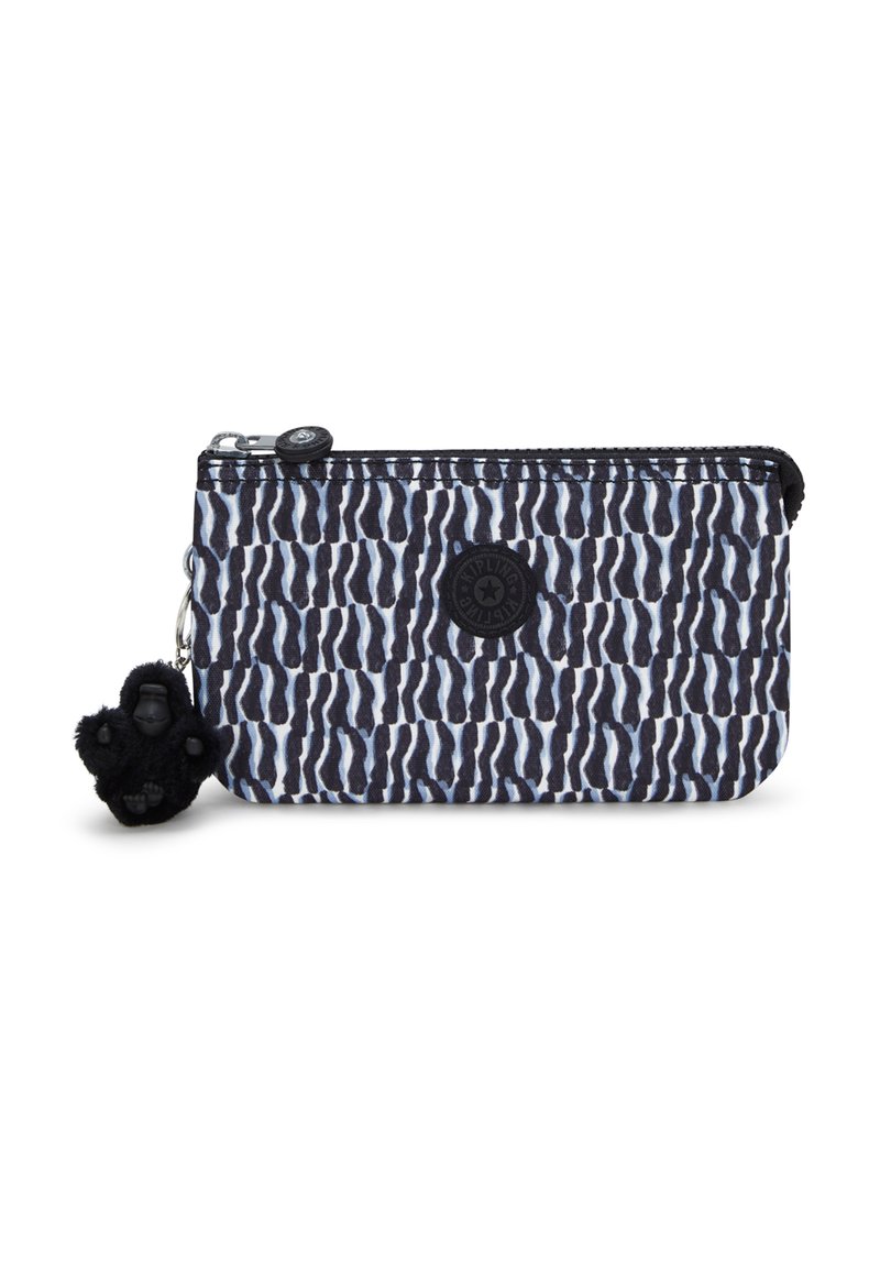 Small rectangular zippered pouch with black and white abstract pattern and a black gorilla keychain attached near the zipper.