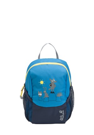 Sac à dos pour enfants bleu avec fermeture éclair jaune, présentant des graphismes d'animaux sur le devant. Fabriqué en tissu résistant, il comprend une poche latérale en mesh et une poignée grise.