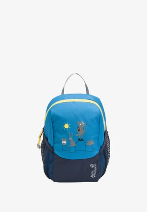 Sac à dos pour enfants bleu avec fermeture éclair jaune, présentant des graphismes d'animaux sur le devant. Fabriqué en tissu résistant, il comprend une poche latérale en mesh et une poignée grise.