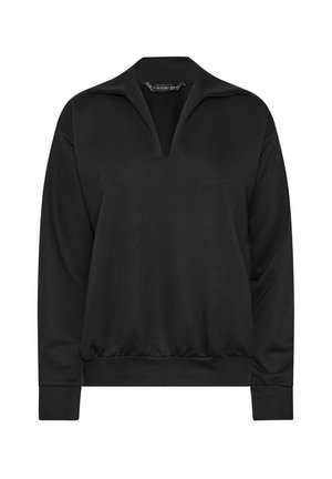 Pullover nero a maniche lunghe con collo a V, polsini e orlo a coste, realizzato in tessuto morbido.