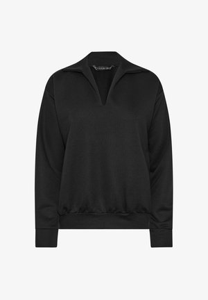 Pullover nero a maniche lunghe con collo a V, polsini e orlo a coste, realizzato in tessuto morbido.