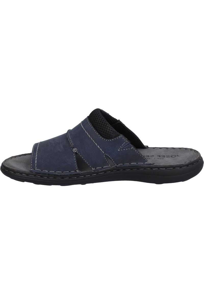 Infradito blu navy in pelle morbida con parte superiore testurizzata, punta aperta e cuciture a contrasto; presenta una suola in gomma nera flessibile.