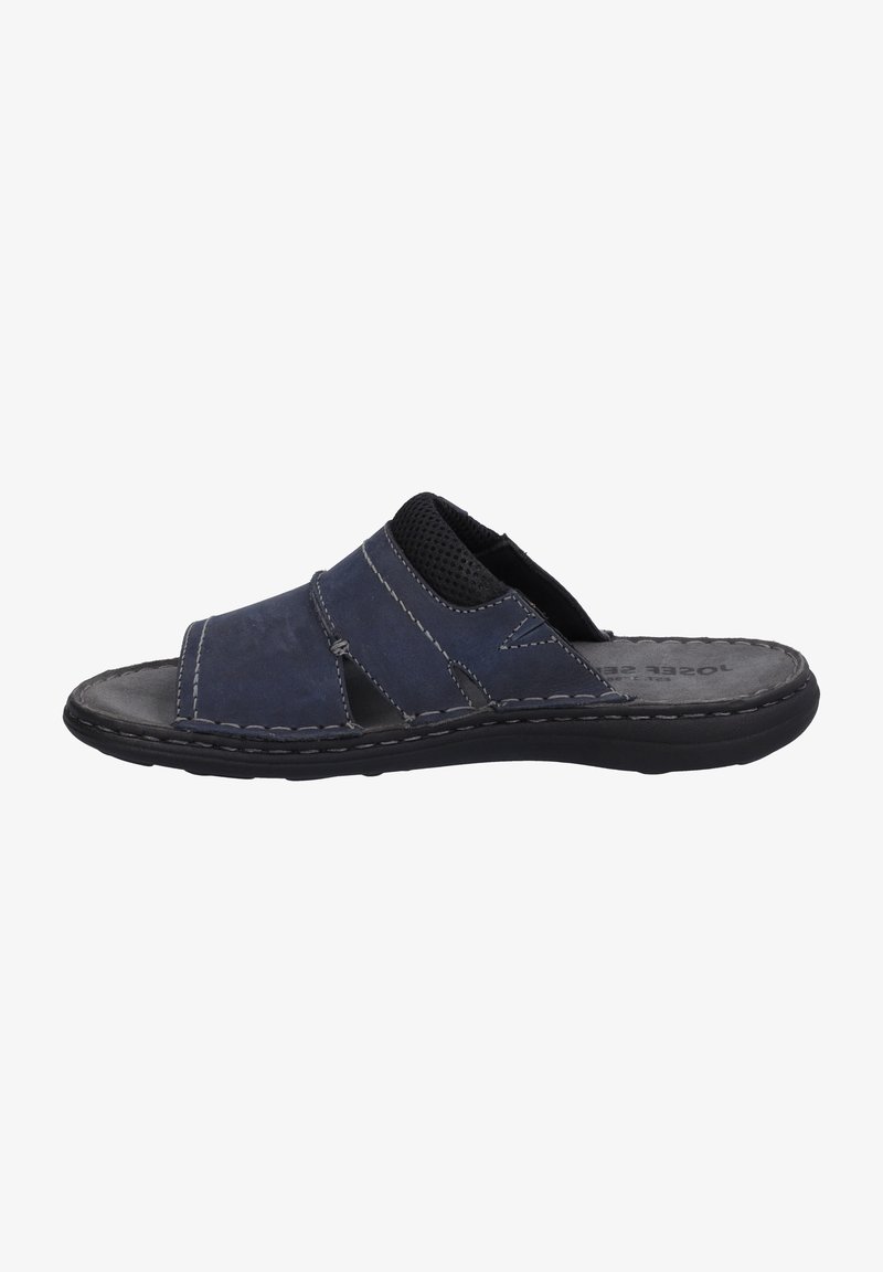 Navy blue slide sandal made of soft leather with a textured upper, open toe, and contrasting stitching; features a flexible black rubber sole.