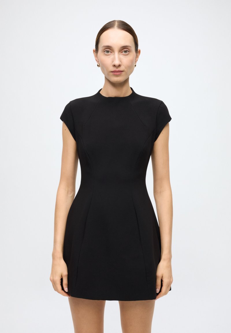 Black short dress with a fitted bodice, cap sleeves, and a flared skirt. Made of smooth fabric with subtle seam detailing.
