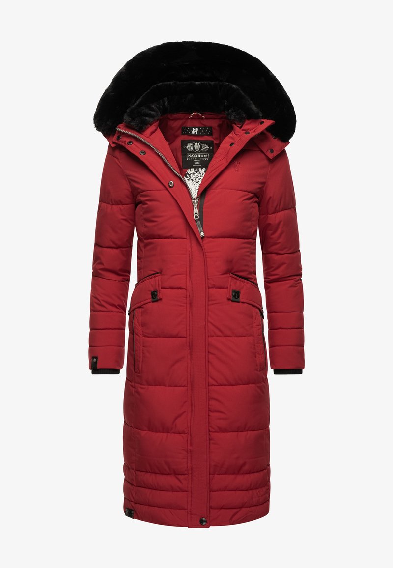 Long red padded coat with a faux fur-lined hood, zip closure, two front pockets, and a quilted texture. Features a black interior lining.