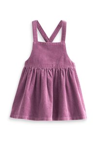 Vestido de pana morado con un corsé ajustado, falda acampanada y tirantes cruzados ajustables. La textura presenta costillas verticales.