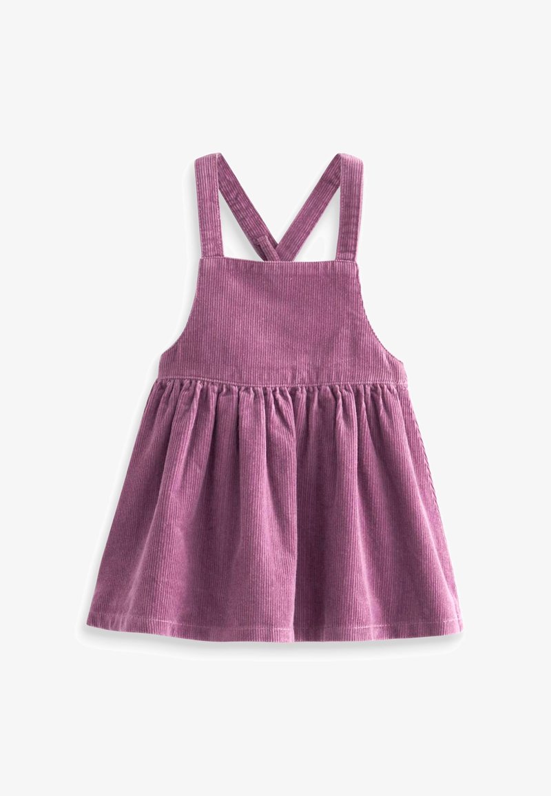 Vestido de pana morado con un corsé ajustado, falda acampanada y tirantes cruzados ajustables. La textura presenta costillas verticales.