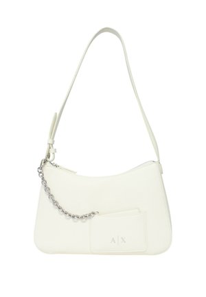 Borsa a tracolla in pelle bianca con tracolla regolabile, tasca frontale con logo "A|X" e dettaglio a catena argentata sul davanti.