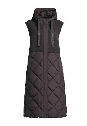 Veste longue sans manches en tissu matelassé noir avec capuche, empiècement en tissu teddy, fermeture éclair et boutons-pression sur le devant, et cordons de serrage ajustables.