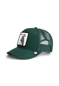 Green cap with a mesh back, featuring an embroidered pigeon graphic in a square patch on the front. Adjustable strap at the back.