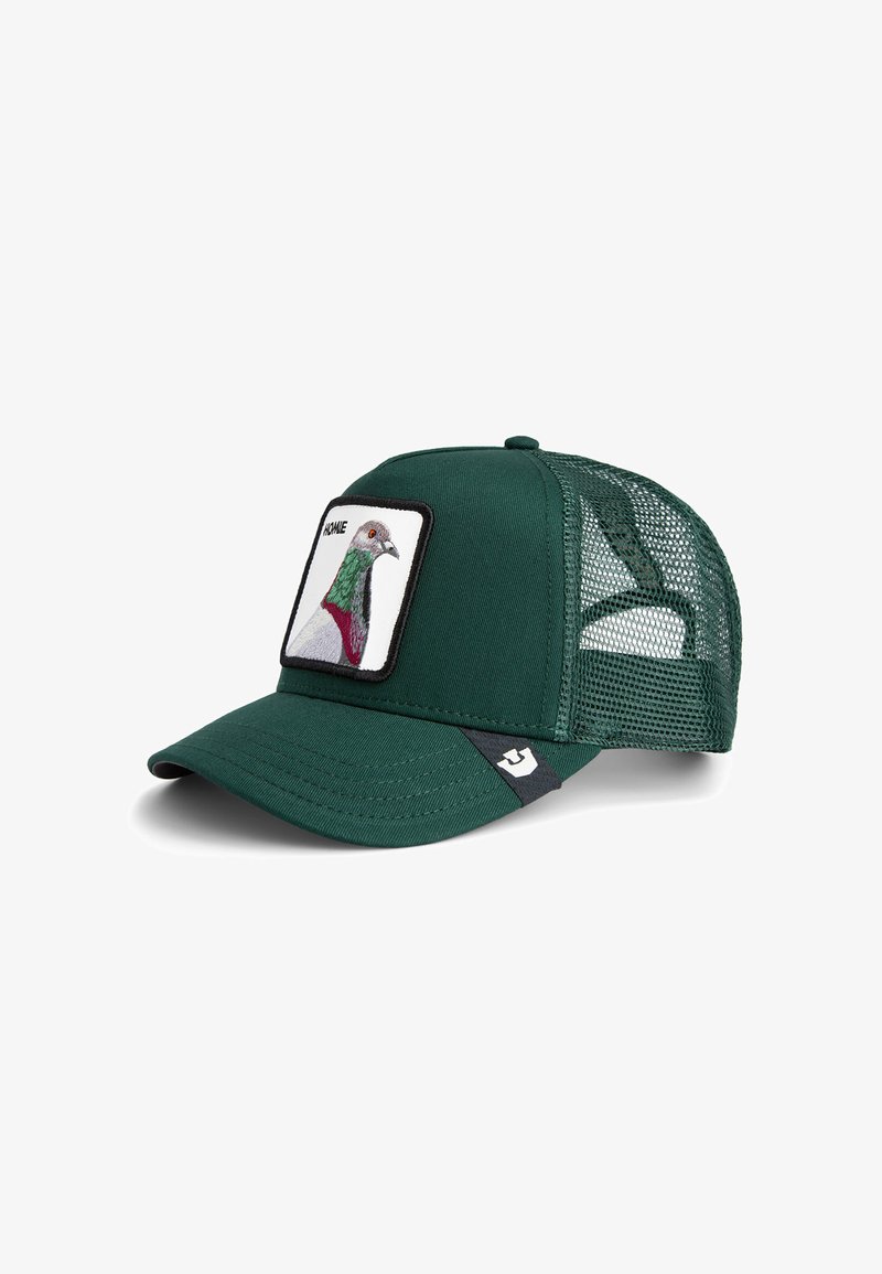 Green cap with a mesh back, featuring an embroidered pigeon graphic in a square patch on the front. Adjustable strap at the back.