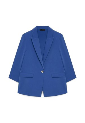 Niebieska marynarka na jeden guzik z klapami z wycięciem i dwoma przednimi kieszeniami z klapami, pokazana na płasko na białym tle.