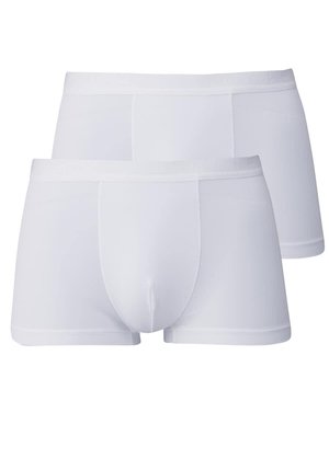 Caleçons boxers blancs en tissu extensible, avec une texture lisse, une poche moulante et une ceinture élastique pour le confort.
