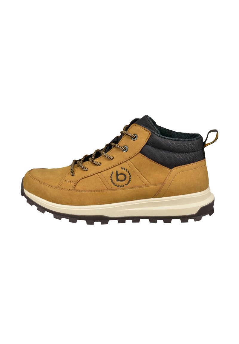 Braune Wildlederschuhe im Mid-Top-Design mit schwarzen synthetischen Akzenten, strukturierten Schnürsenkeln, einem gepolsterten Kragen und einer strapazierfähigen Gummisohle mit einem robusten Profil.