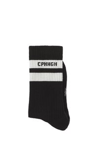 Melni riboti zeķi ar baltām svītrām augšējā daļā un melnā krāsā adīta "CPHHGH" teksta augšējā baltajā svītrā.
