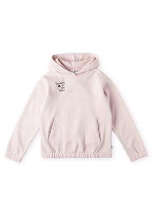 Felpa con cappuccio rosa chiaro con tasche anteriori e testo "Women of the Wave" stampato sul lato superiore sinistro del petto.