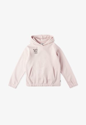 Felpa con cappuccio rosa chiaro con tasche anteriori e testo "Women of the Wave" stampato sul lato superiore sinistro del petto.