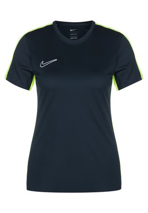 Maglietta sportiva a maniche corte Nike Dri-FIT blu navy con strisce giallo neon su spalle e maniche, logo Nike bianco sul petto.