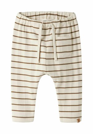 Pantalon bébé couleur crème avec des rayures brunes horizontales, ceinture élastique avec cordon et petite poche avant à droite.