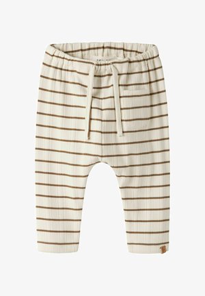 Pantalon bébé couleur crème avec des rayures brunes horizontales, ceinture élastique avec cordon et petite poche avant à droite.