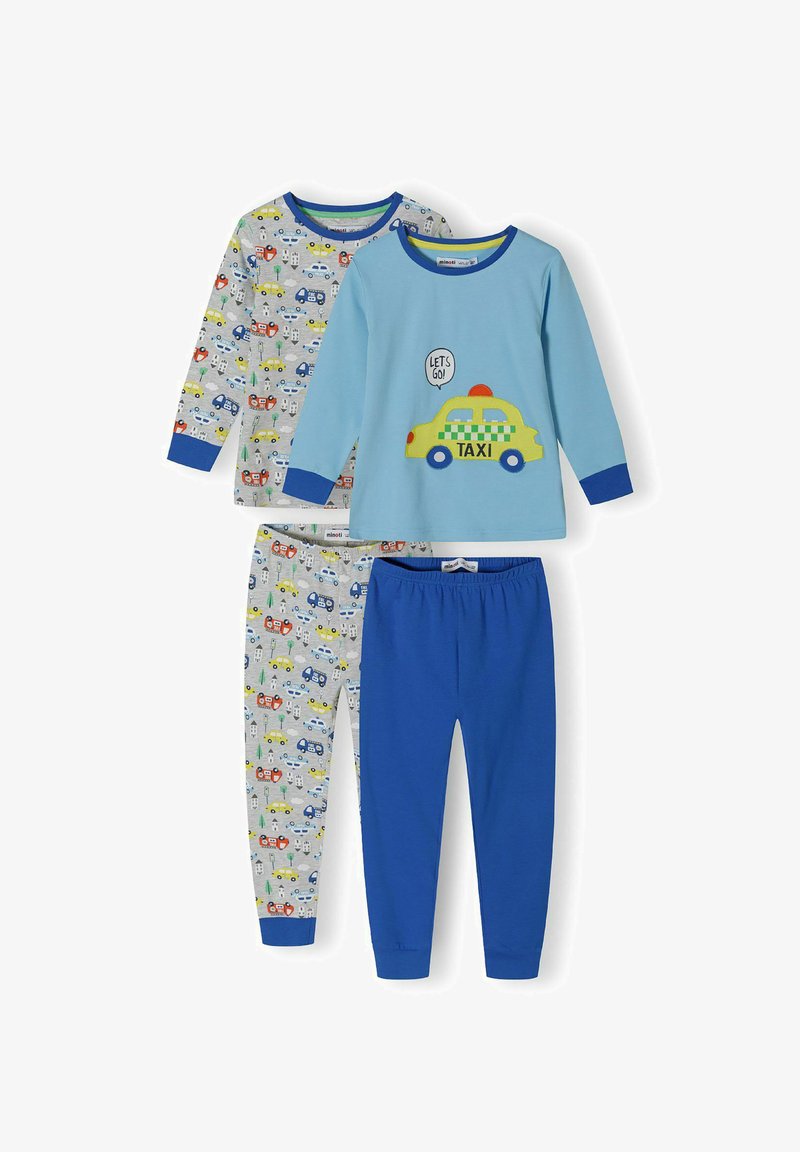 Two sets of children's pajamas: one features a light blue long-sleeve top with a taxi graphic, the other has gray pants with colorful car patterns.