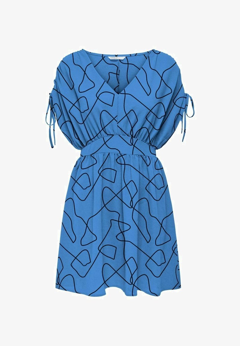 Robe courte bleue avec motif abstrait de lignes noires, col en V, taille cintrée et manches courtes bouffantes avec liens sur les côtés.
