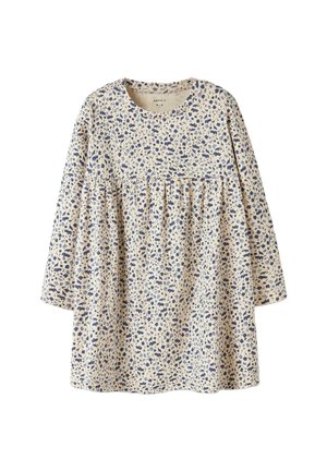 Langärmliges Kleid aus leichtem beigen Baumwollstoff mit floralem Muster in Blau. Verfügt über ein gerafftes Taillendesign und einen runden Ausschnitt.