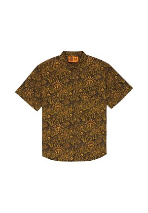 Koszula z krótkim rękawem na guziki z całkowitym nadrukiem żółtych i brązowych słońc, księżyców oraz liści na ciemnym tle.