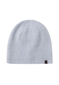 Hallide hallide beanie-müts, mis on valmistatud tekstuurilisest kangast, sujuva viimistlusega ja mille külgedel on väike pruun labeli aktsent.