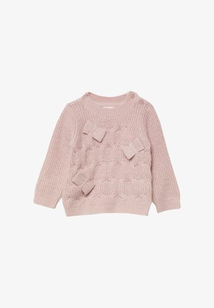 Pull en tricot rose pâle avec un col rond, des poignets côtelés et trois accents en forme de nœud sur le devant, doté d'un motif texturé.