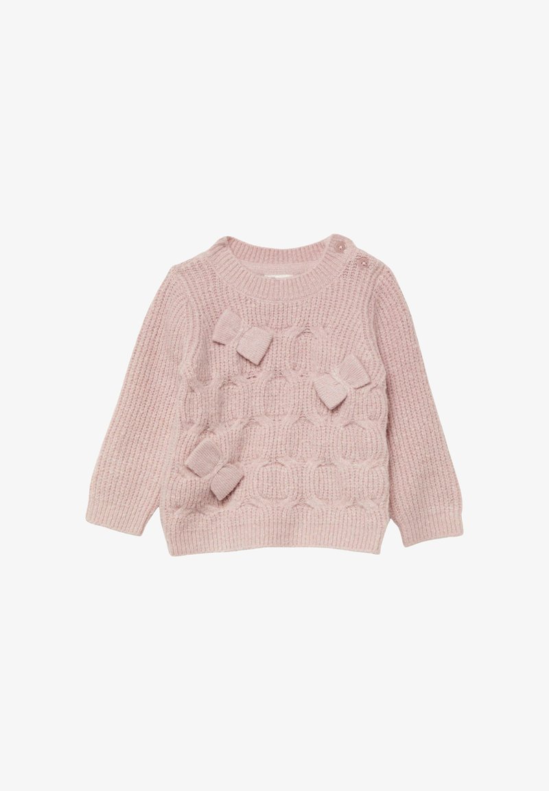 Pull en tricot rose pâle avec un col rond, des poignets côtelés et trois accents en forme de nœud sur le devant, doté d'un motif texturé.