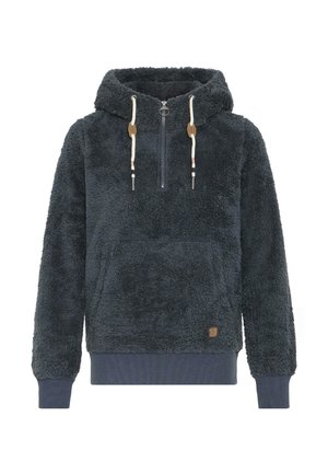 Haut de sweatshirt en polaire gris foncé avec une demi-fermeture éclair, poche avant, accents en bois sur les cordons de serrage, et poignets et ourlet côtelés. Texture douce.