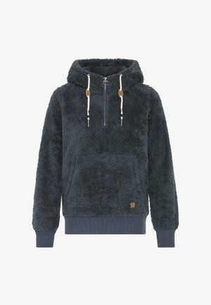 Mörkgrå fleece hoodie med halvdragkedja, framficka, trädetaljer på snoddarna och ribbad mudd och nederkant. Mjuk textur.