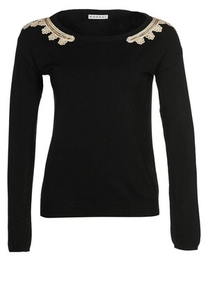 Sort langærmet sweater med rund halsudskæring, prydet med beige blonder på begge skuldre og med en tætsiddende silhuet.