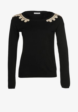 Sort langærmet sweater med rund halsudskæring, prydet med beige blonder på begge skuldre og med en tætsiddende silhuet.