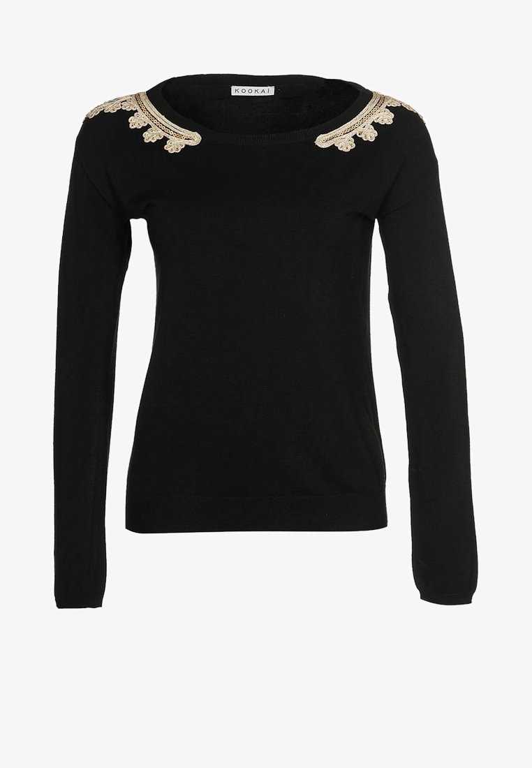 Pull noir à manches longues avec encolure ronde, orné de dentelle beige aux deux épaules et présentant une silhouette ajustée.