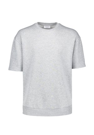 Hellgraues Sweatshirt mit kurzen Ärmeln und Rundhalsausschnitt, einem gerippten Saum und einem kleinen weißen Nackenetikett mit der Marke Lindbergh.