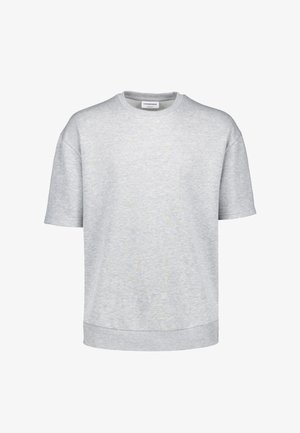 Hellgraues Sweatshirt mit kurzen Ärmeln und Rundhalsausschnitt, einem gerippten Saum und einem kleinen weißen Nackenetikett mit der Marke Lindbergh.