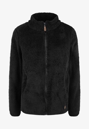 Schwarze Fleecejacke mit hohem Kragen, vollem Reißverschluss, Seitenfächern und einer strukturierten, flauschigen Außenseite. Mit einem kleinen Logostitch.